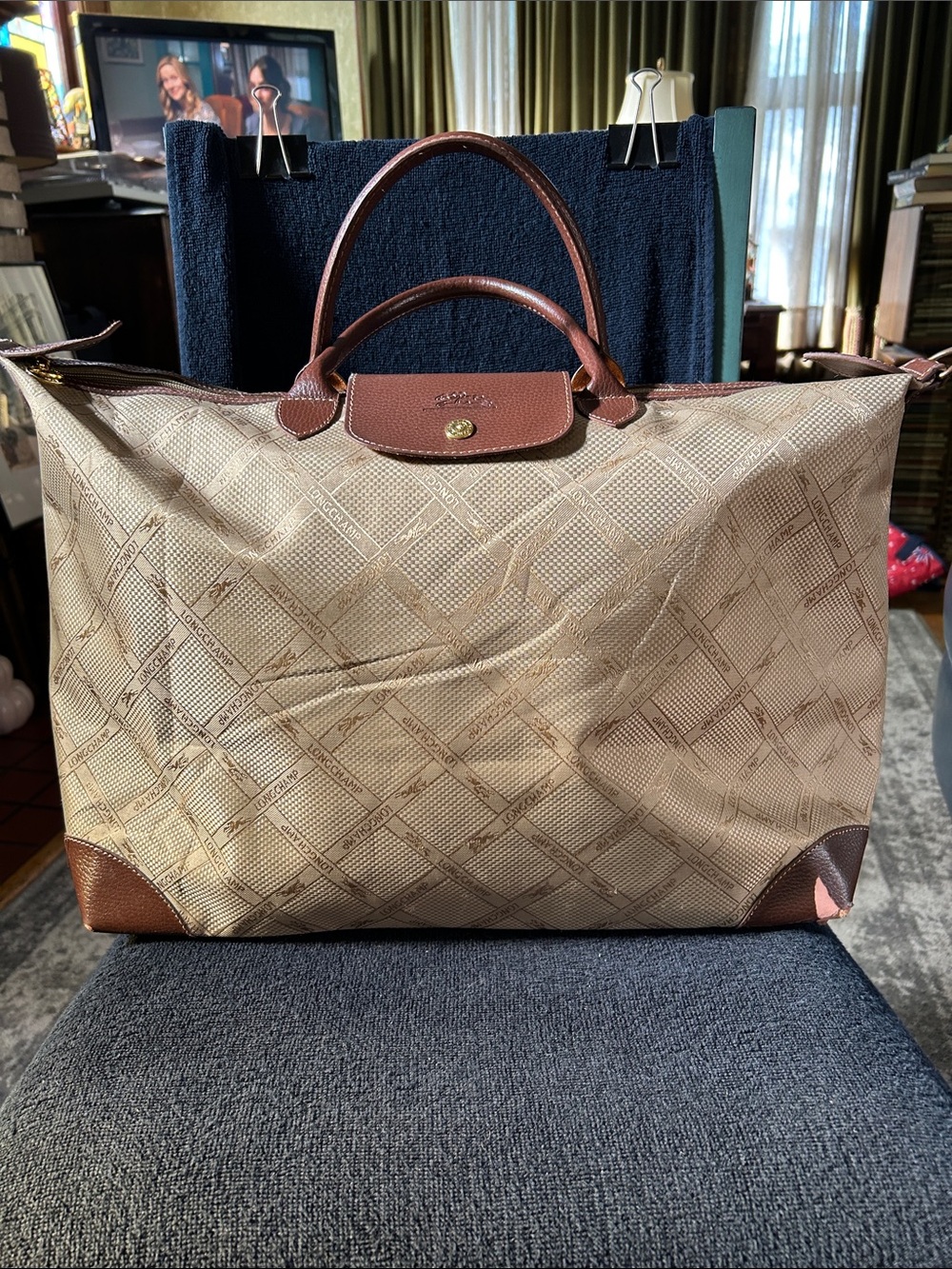 Longchamp Vintage Beige and Brown Tote with Logo Monogram Pattern